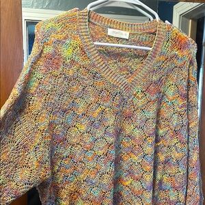 Vibrant Orange and Yellow V-Neck Top with Textured Knit